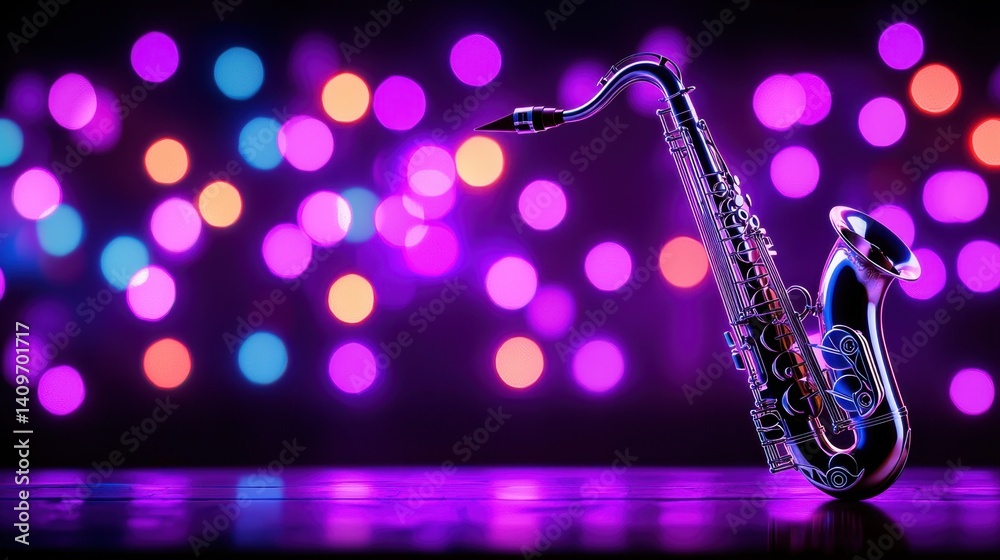 Close-up of a saxophone under warm stage lights in a jazz club, reflecting colorful bokeh, symbolizing live music and artistic passion.