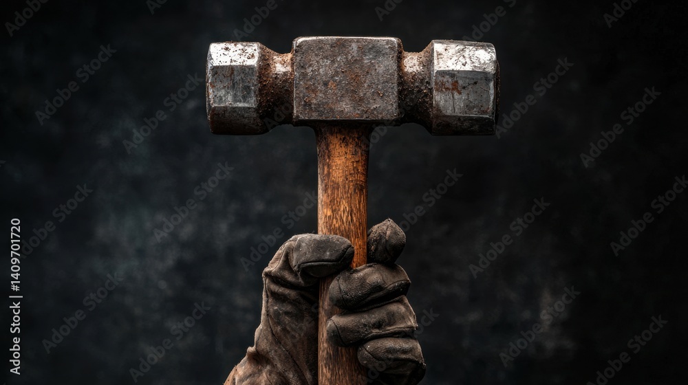 Close-up of a strong hand wearing a protective glove, firmly holding a hammer aloft, representing strength, determination, and hard work. Close-up of a strong hand wearing a protective glove, firmly holding a hammer aloft, representing strength, determination, and hard work.