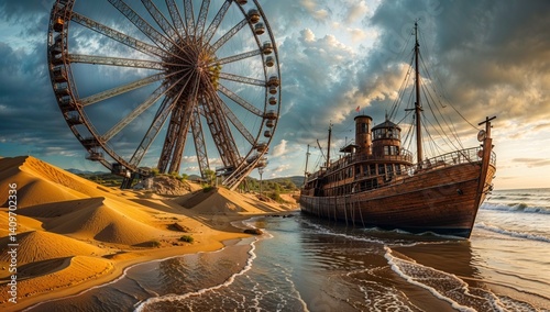 old ship at sunset