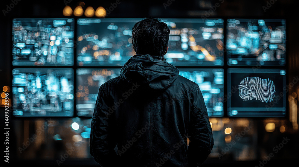 Hooded hacker operating in a dark room while selling stolen biometric data on the darknet