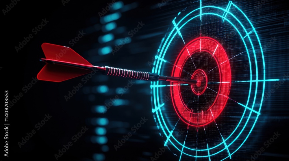 Cyberpunk-style glowing target hit dead center by a dart, symbolizing accuracy and strategic goals.