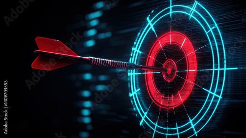 Obraz na płótnie Cyberpunk-style glowing target hit dead center by a dart, symbolizing accuracy and strategic goals. w salonie