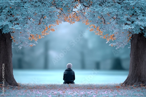 A figure sitting under a tree with falling leaves, pondering life impermanence