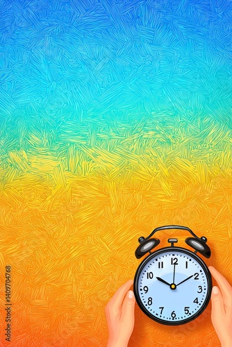 A black alarm clock rests on a vibrant, textured gradient background of blue, green, and orange hues.  Hands gently hold it