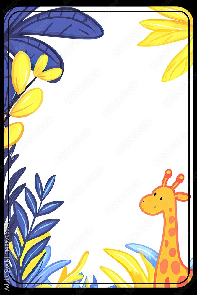 Fototapeta A cute giraffe peeks from a vibrant tropical leaf border