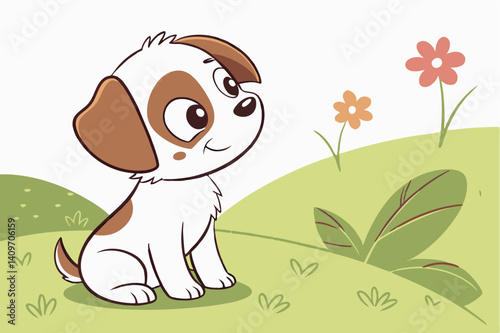 A cheerful brown puppy vector illustration, isolated and smiling, with a funny tail.