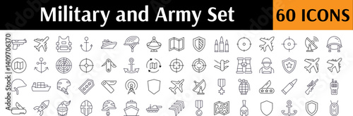 Army Line Icon Pack. Military and Defense Outline Signs for Graphic and Web Design, Apps, Adverts, Various Cards