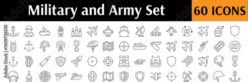 Army Thin Line Icon Set. Military and Defense Outline Signs for Graphic and Web Design, Apps, Adverts, Various Cards