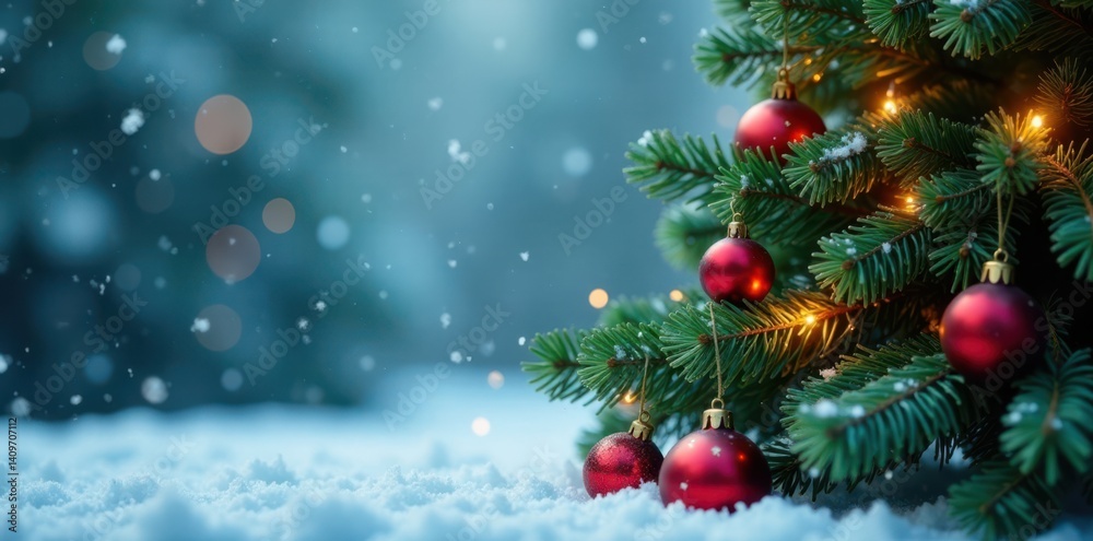 Evergreen Christmas tree with ornaments and lights against a snowy background, snowy, christmas decorations Evergreen Christmas tree with ornaments and lights against a snowy background, snowy, christmas decorations