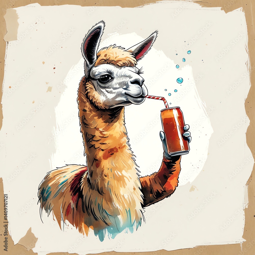 Naklejka premium Llama enjoying a refreshing soda on a summer day.