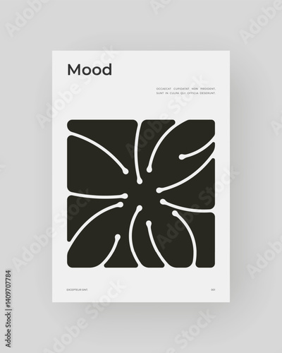 Strict poster with organic shapes and curved lines. Bold black forms, contemporary graphic design aesthetic.