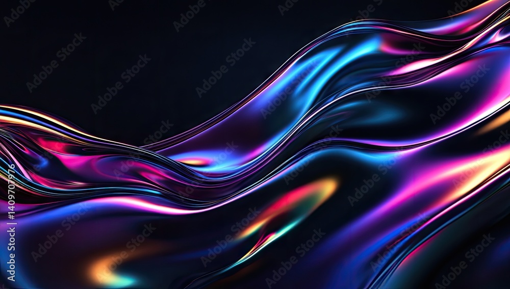 Abstract fluid dynamic forms in vibrant iridescent colours. Flowing, liquid-like shapes in a spectrum of glowing hues. A striking, dynamic display of colour and movement Abstract fluid dynamic forms in vibrant iridescent colours. Flowing, liquid-like shapes in a spectrum of glowing hues. A striking, dynamic display of colour and movement