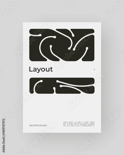 Strict poster with organic shapes and curved lines. Bold black forms, contemporary graphic design aesthetic.