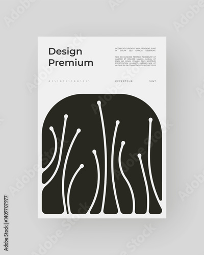 Strict poster with organic shapes and curved lines. Bold black forms, contemporary graphic design aesthetic.