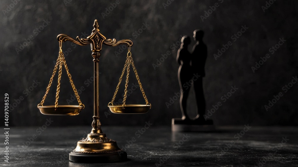 Justice scales illuminated by warm light, behind them a couple in silhouette, depicting fairness, separation, and legal mediation.