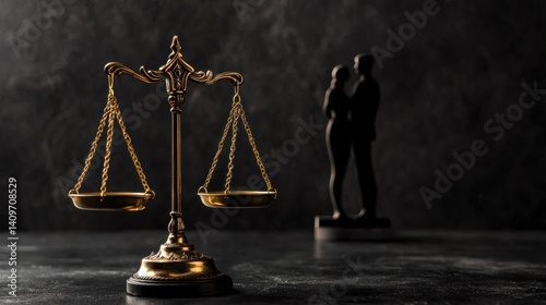 Obraz na płótnie Justice scales illuminated by warm light, behind them a couple in silhouette, depicting fairness, separation, and legal mediation. w salonie