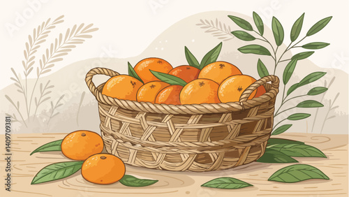 Mandarin in basket in natural background vector design, Mandarin vector design
