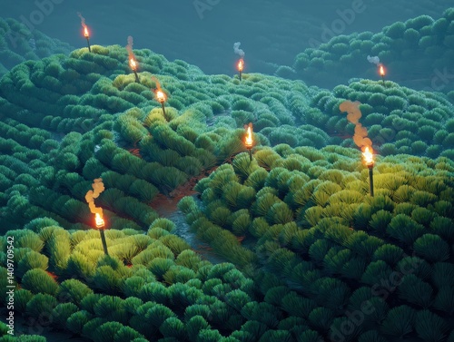 Torches illuminate a landscape of dense, green bushes under a dusky sky. The light from the torches creates a dramatic contrast.
