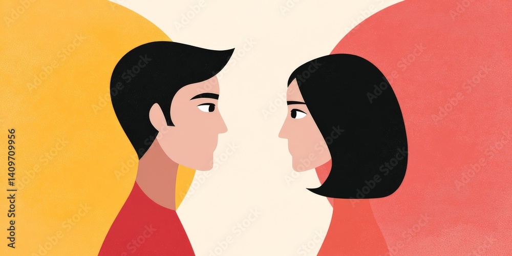 Emotional Intelligence and Empathy Through Travel and Meaningful Relationships, Two abstract figures facing each other, surrounded by vibrant colored circles, symbolizing connection and interaction.