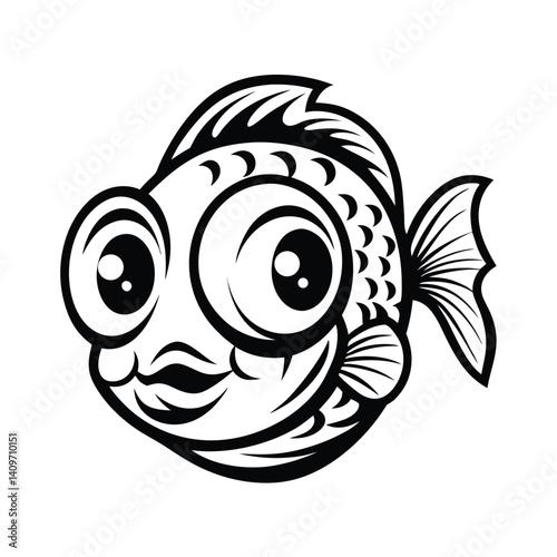 Outlined Round Fish with Large Eyes, Scales, Fins, Tail, and Decorative Fillings