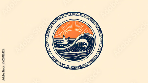 Sun sea wave logo, vintage summer symbol, retro wild nature marine concept design. Sun sea wave logo, vintage summer symbol and retro wild nature marine concept design in white background