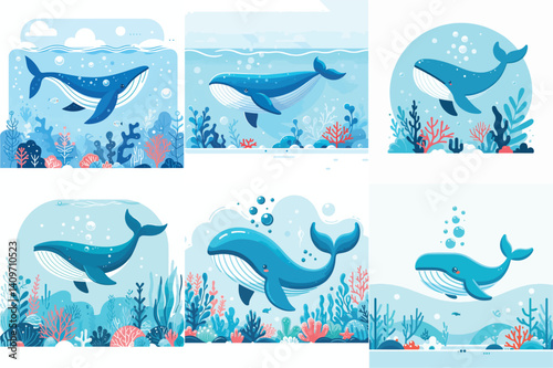 a set of vector images of blue whales swimming in the clear sea