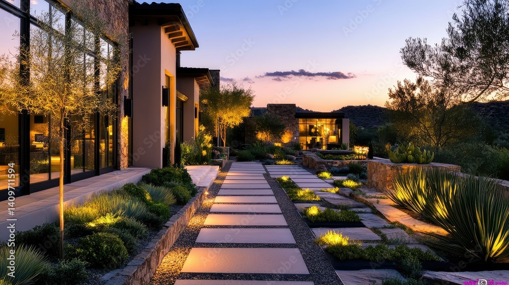 Fototapeta premium Sophisticated garden lighting at twilight, showcasing pathways, plants, and peaceful architecture.