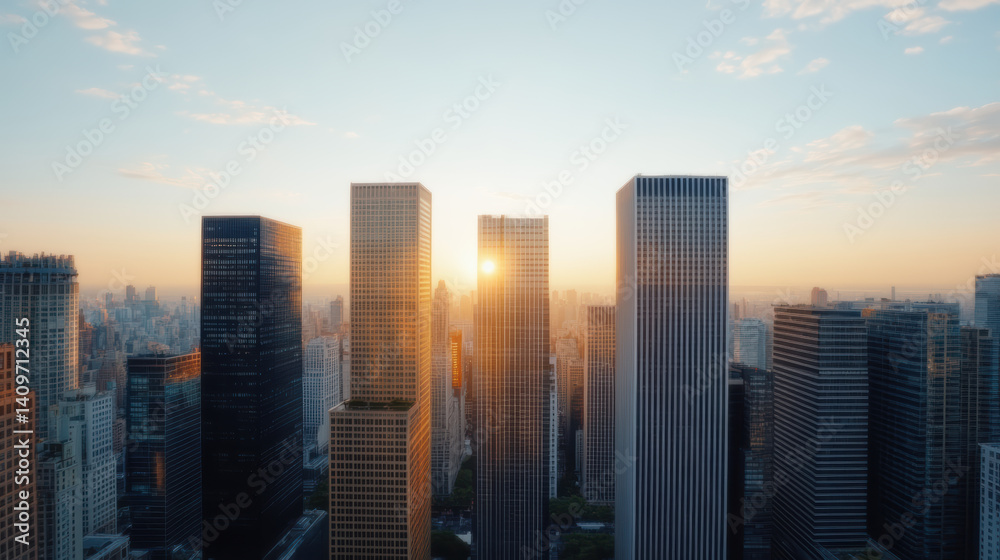 Golden sunlight illuminates skyscrapers in vibrant city skyline at sunset Golden sunlight illuminates skyscrapers in vibrant city skyline at sunset