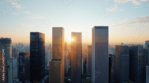 Golden sunlight illuminates skyscrapers in vibrant city skyline at sunset