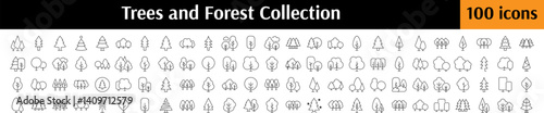 Forest, Trees, Parks Pack of Thin Icons. Editable Stroke. Perfect for Web Sites, Books, Cards, Apps