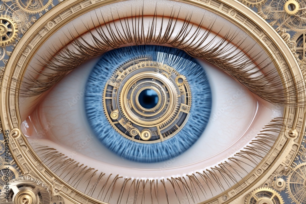 Fototapeta premium Hyper realistic close-up of a human eye reflecting gears and cogs