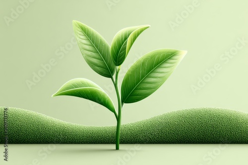 Minimalist green line art of a tea leaf on a rolling hill