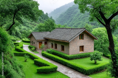 Rural houses built on terraces in a mountainous farming area