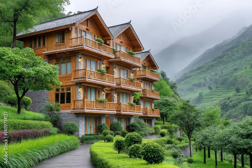 Rural houses built on terraces in a mountainous farming area