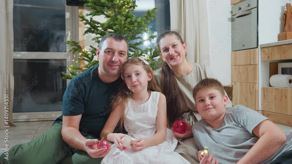 Close up view of cheerful family of four smiling warmly while posing for holiday photo together near beautifully decorated christmas tree in cozy modern home during festive winter celebration Close up view of cheerful family of four smiling warmly while posing for holiday photo together near beautifully decorated christmas tree in cozy modern home during festive winter celebration