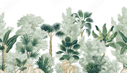 Park trees, tropical palms, plants, stone seamless border. Botanical landscape mural.