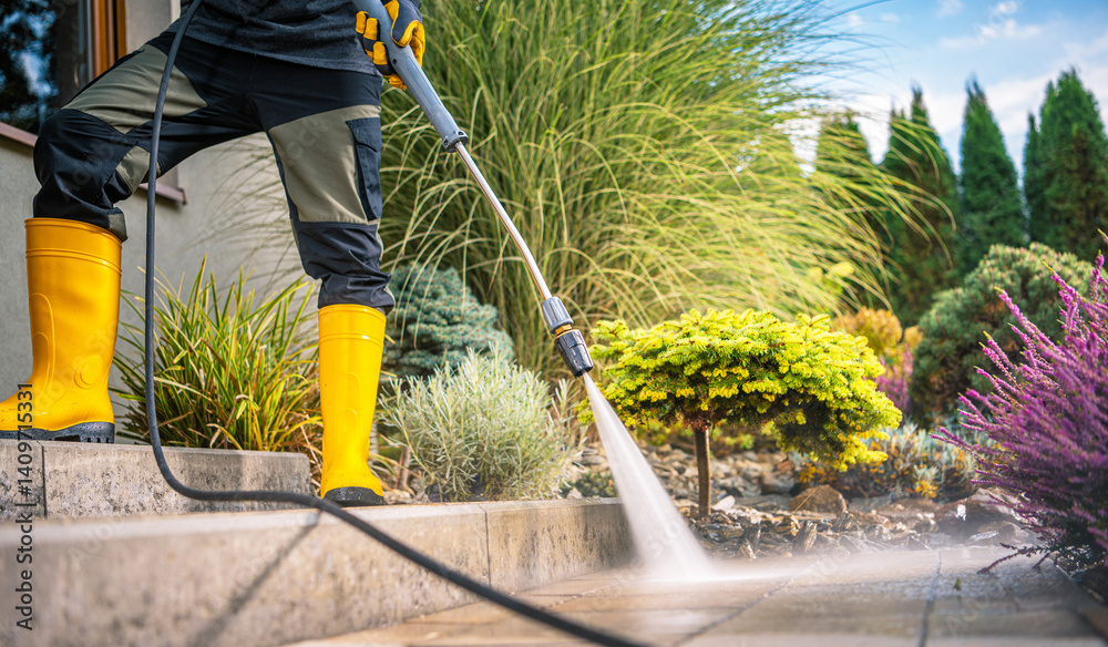 Person Using Pressure Washer for Outdoor Cleaning on Sunny Day