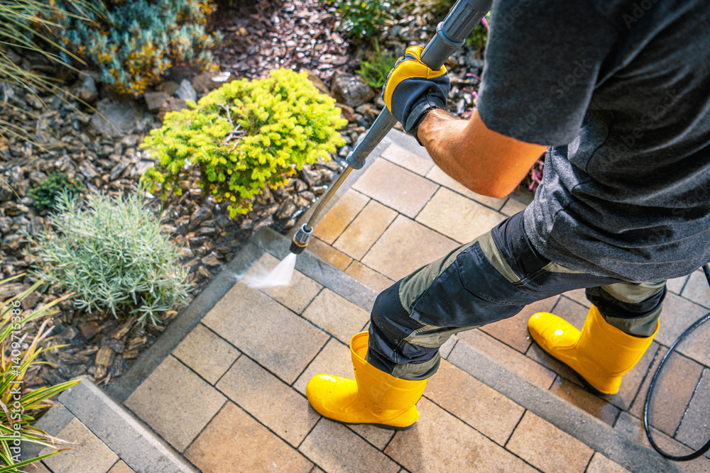 Cleaning Outdoor Steps With a Pressure Washer in Bright Yellow Boots