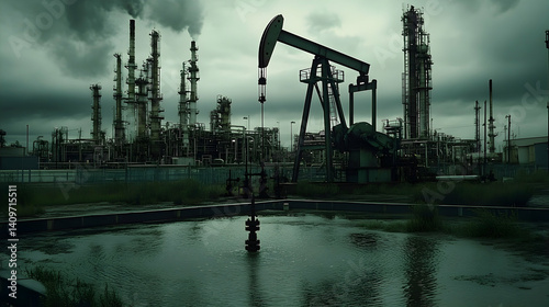 Oil refinery at dusk, dark cloudy sky, flooded ground