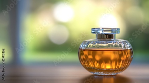Amber Perfume Bottle on Wooden Surface