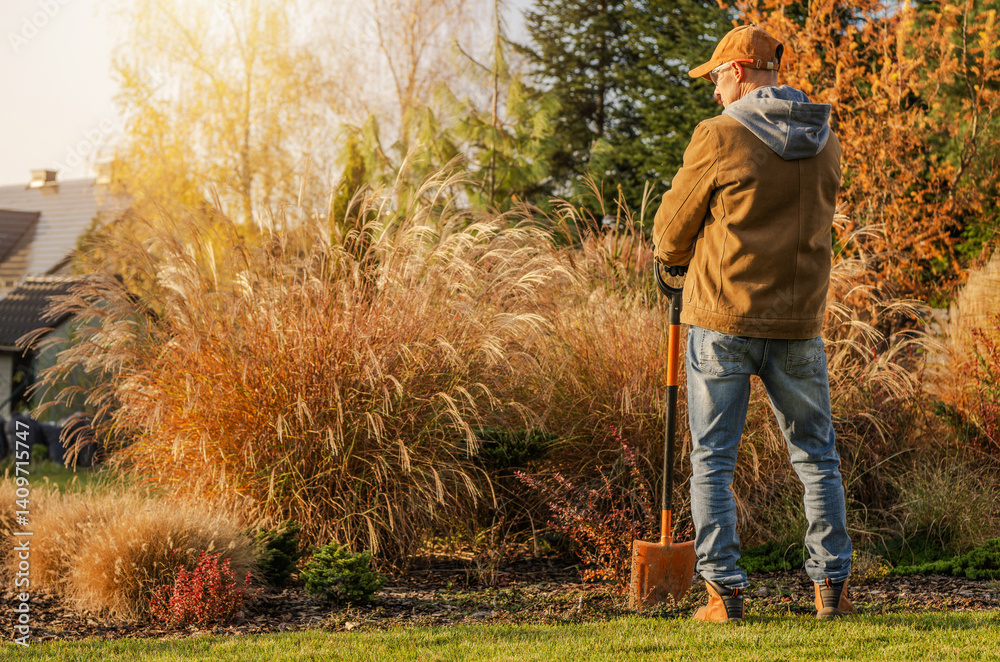 Senior Man Gardening With Shovel in Sunlit Backyard in Autumn