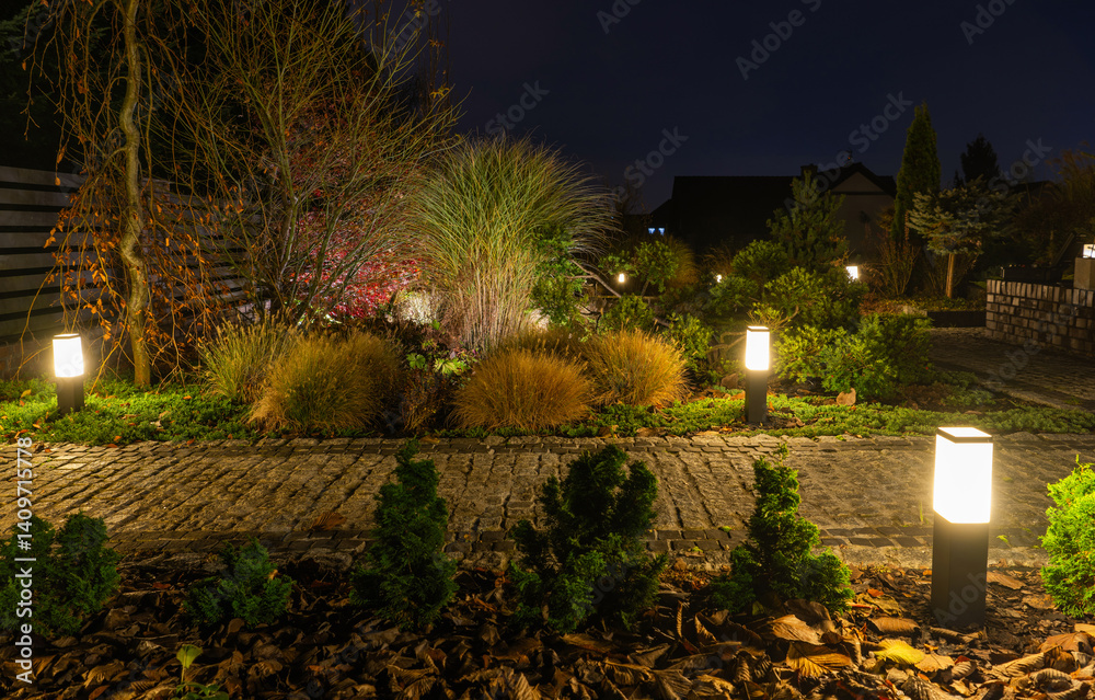 Beautiful Garden Illuminated by Soft Lights at Night