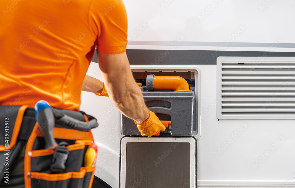Technician Performing Maintenance on Vehicle Waste Disposal System