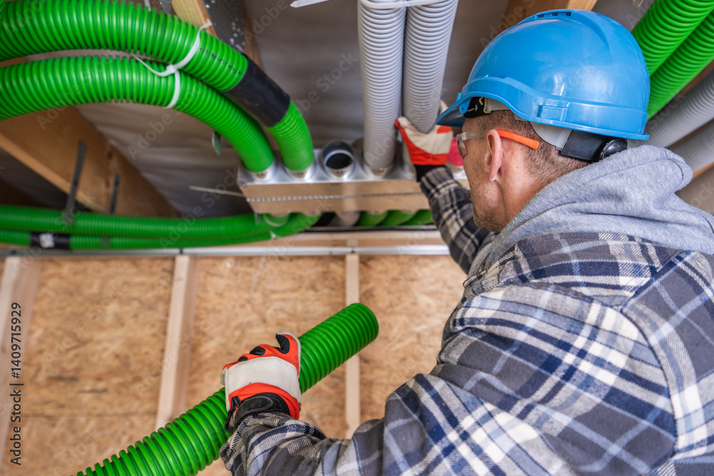 Professional Worker Installing Green Ventilation Ducts Indoors