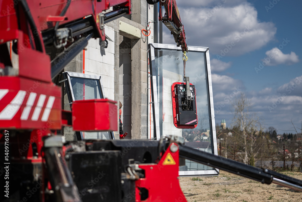 Crane Lifts Window Into Place During Construction at New Building Site