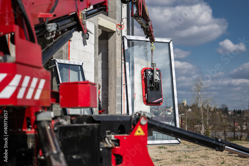 Obraz na płótnie Crane Lifts Window Into Place During Construction at New Building Site w salonie