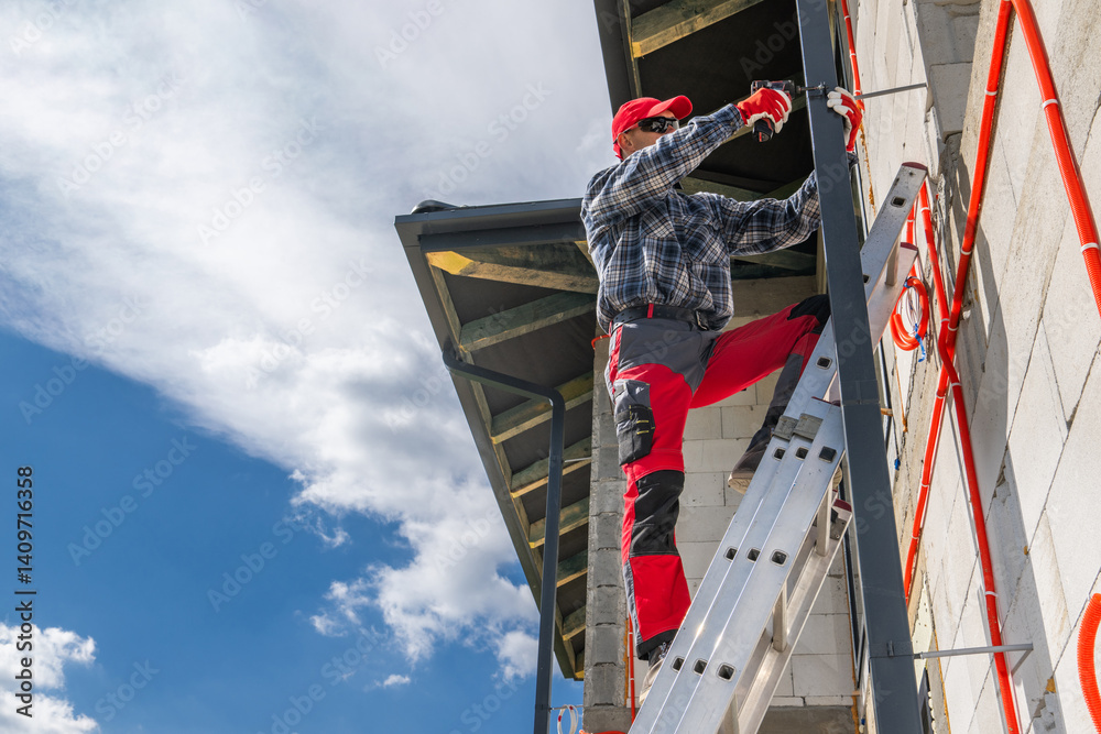 Worker Climbs Ladder to Install Gutter on Construction Site