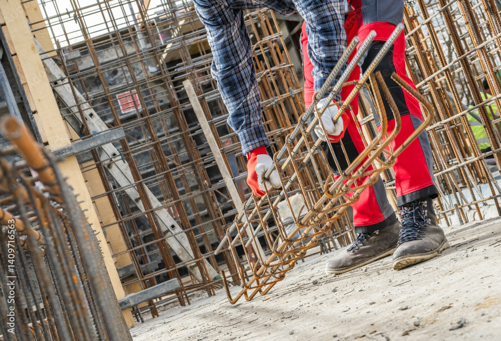 Construction Worker Handles Steel Rebar at Building Site