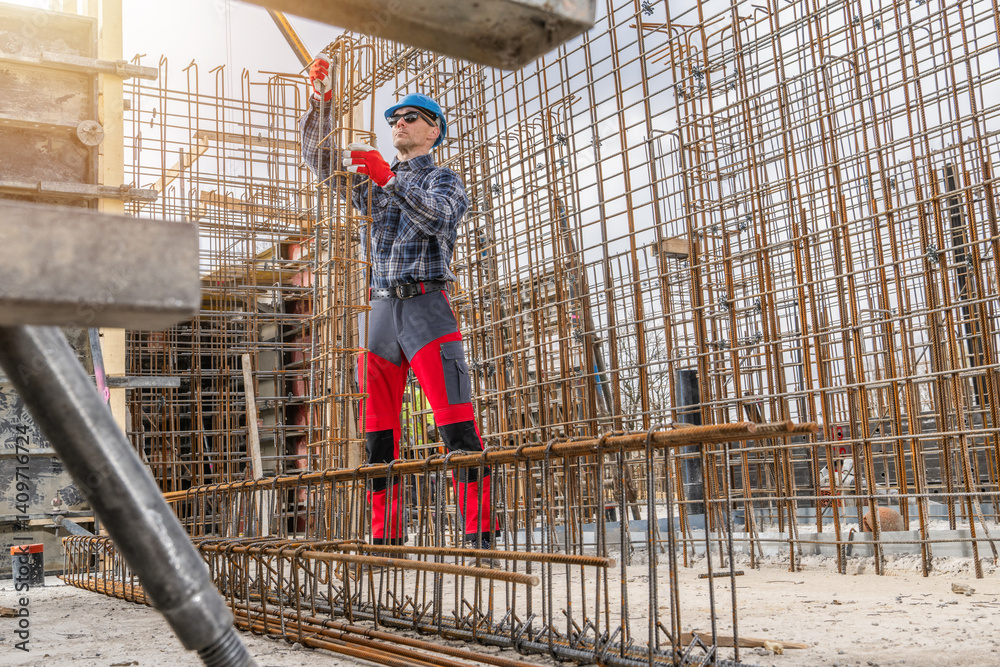 Construction Worker Managing Rebar Framework at a Building Site