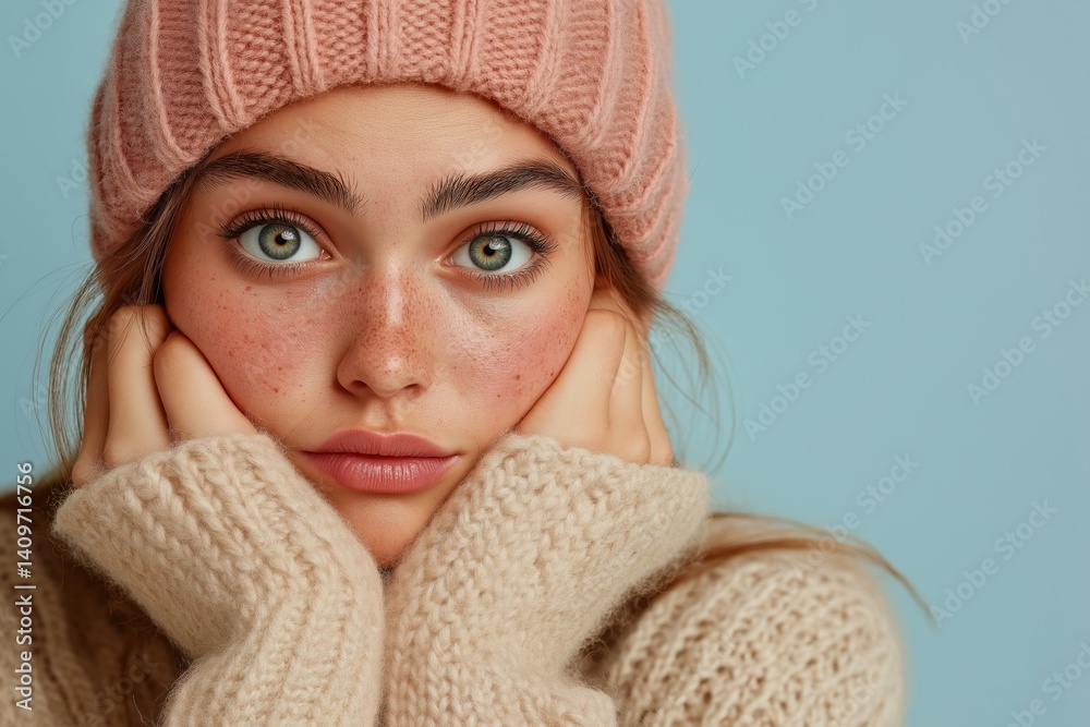 Portrait of young girl with freckles wearing pink beanie and sweater